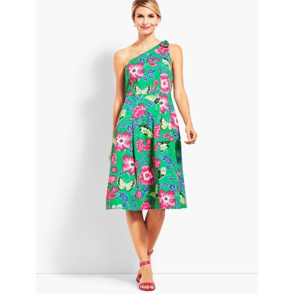 Talbots One Shoulder Fit and Flare Dress Size 14 Floral Butterfly Kelly Green